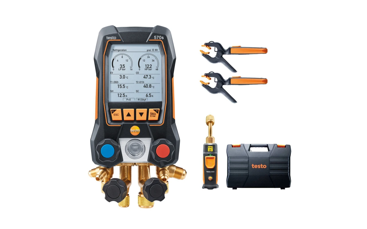 testo 570s Okos Vákuum szett - Okos digitális szervizcsaptelep vezeték nélküli hőmérséklet vákuum -és csőhőmérséklet érzékelőkkel